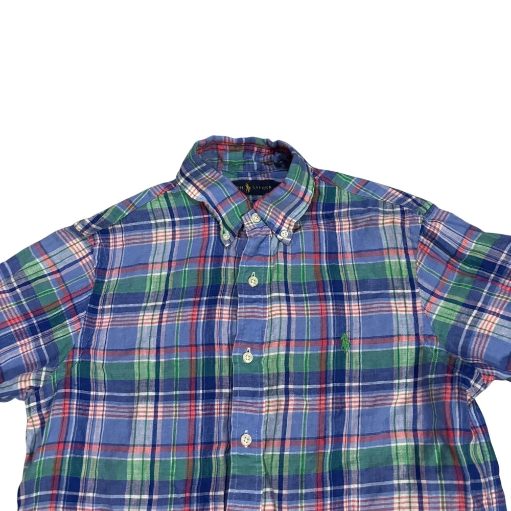 Ralph Lauren Mens S Short Sleeve 100% Linen Plaid Button Down‎ Shirt Blue Green